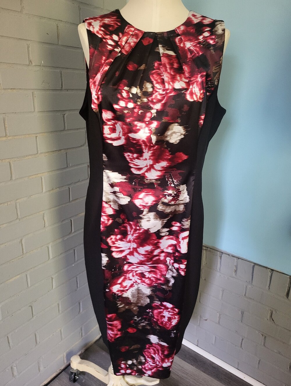 London Style Black Sheath Dress with Pink Floral Print